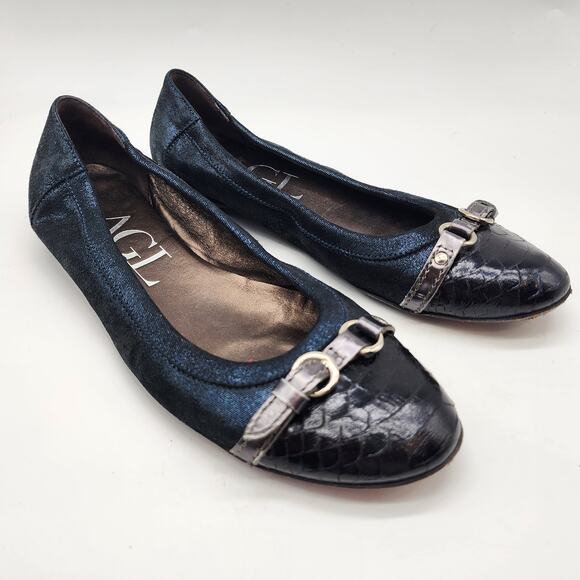 AGL Monika Cap Toe Ballet Flats Navy Blue Leather Shimmer EU 38.5 US 8.5 - Picture 1 of 8